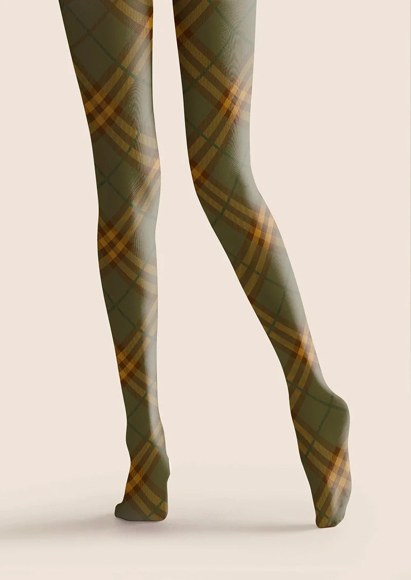 Viken Plan Olive green Maillard Check Tights Hosiery Pantyhose