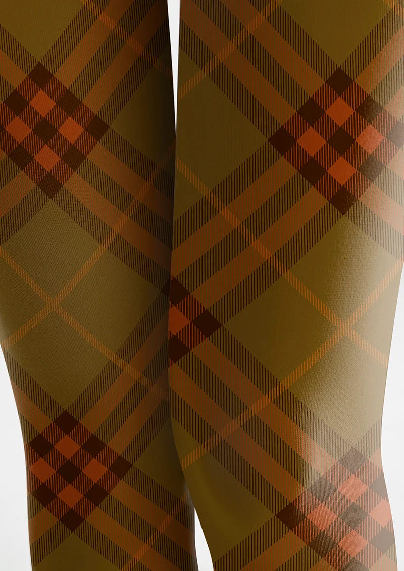 Viken Plan Olive green-Orange Maillard  Check Tights Hosiery Pantyhose
