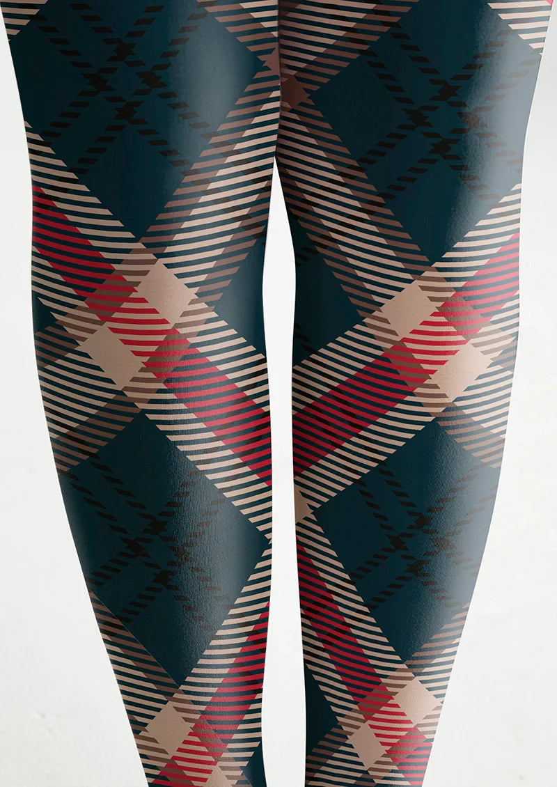 Viken Plan Deep Blue-khaki-red Striped Check Tights Hosiery Pantyhose