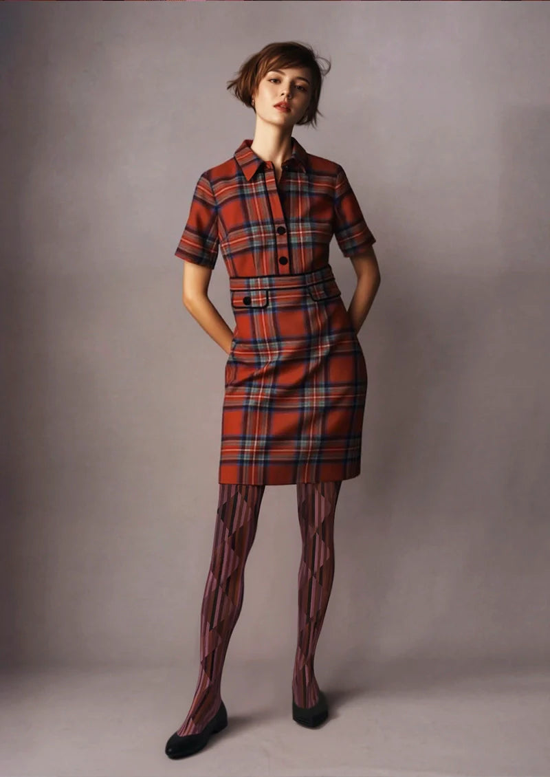 Viken Plan Burgundy check Tights Hosiery Pantyhose