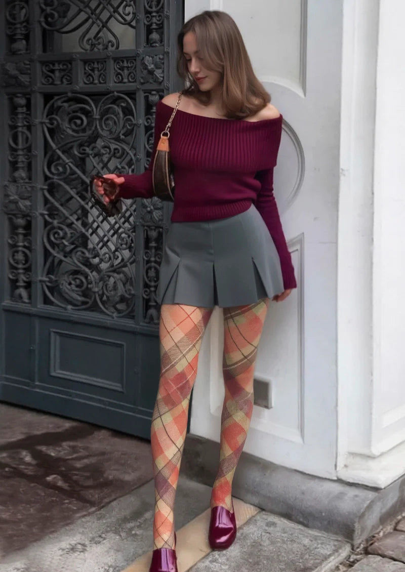 Viken Plan Candy Colors Check Plaid Tights Hosiery Pantyhose