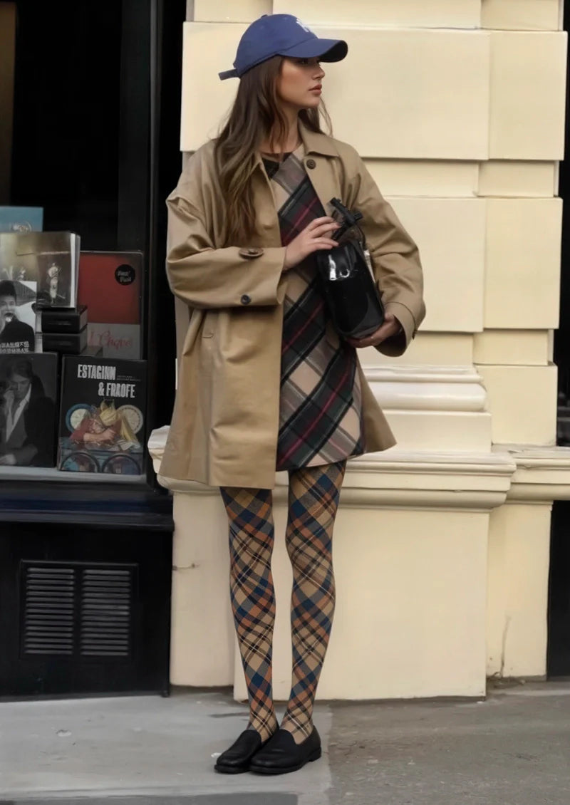 Viken Plan Brown- blue  stripes Checked Tights Hosiery Pantyhose