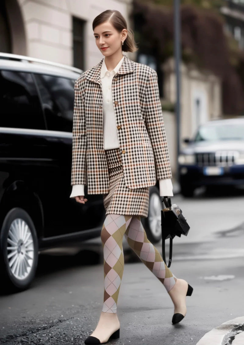Viken Plan Pinkish Yellow Plaid Tights Hosiery Pantyhose