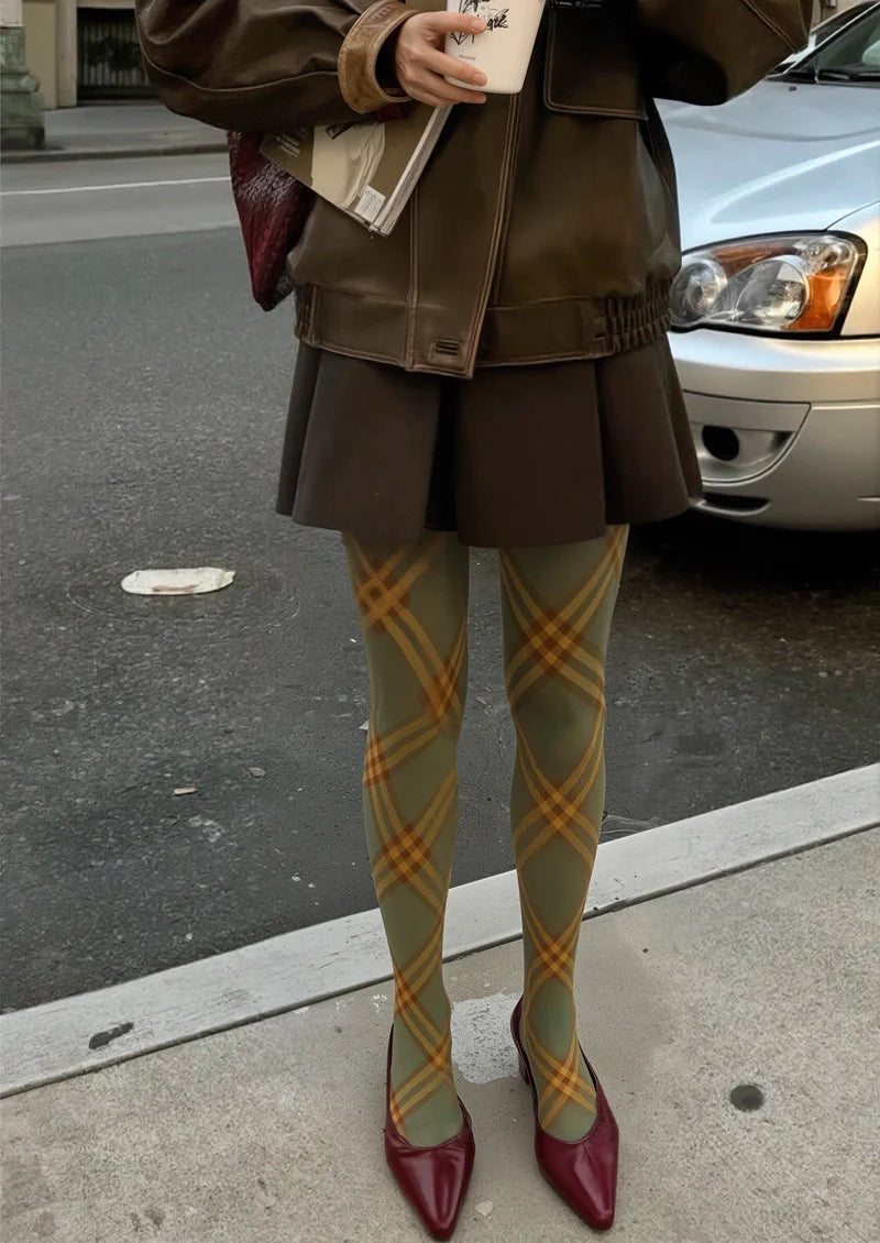 Viken Plan Olive green Maillard Check Tights Hosiery Pantyhose