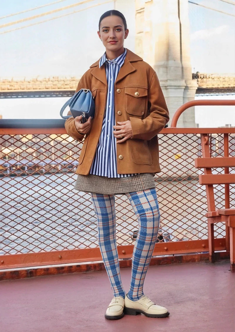 Viken Plan Deep Blue-White Striped Check Tights Hosiery Pantyhose