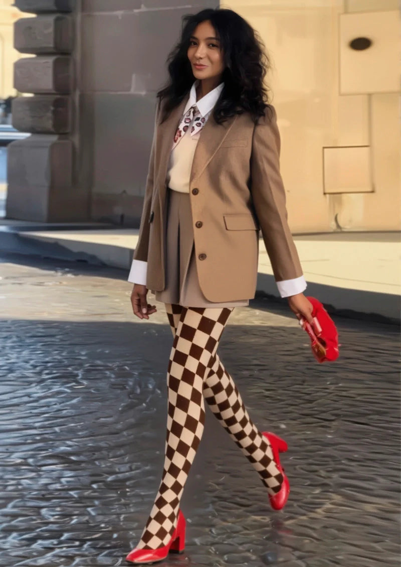 Viken Plan Brown-pale Yellow Checkered Tights Hosiery Pantyhose