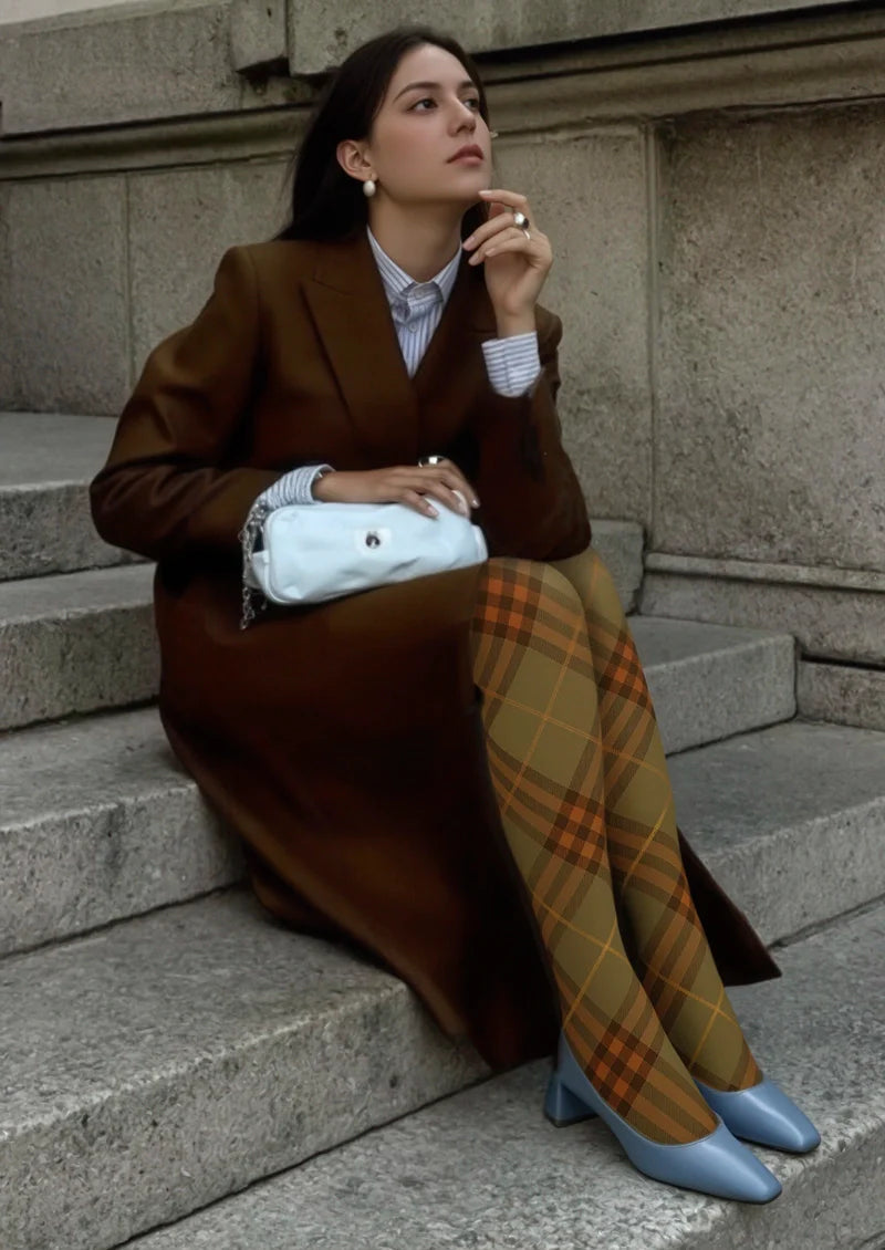 Viken Plan Olive green-Orange Maillard  Check Tights Hosiery Pantyhose