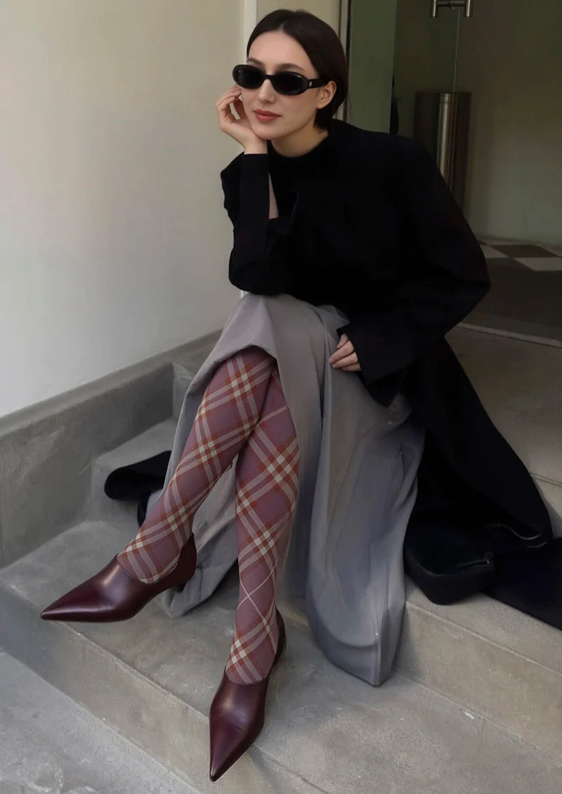 Viken Plan Dark Purple Maillard Check Tights Hosiery Pantyhose