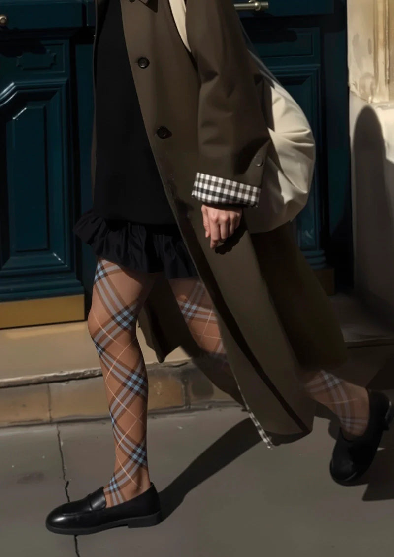 Viken Plan Brown-blue Maillard Check Tights Hosiery Pantyhose