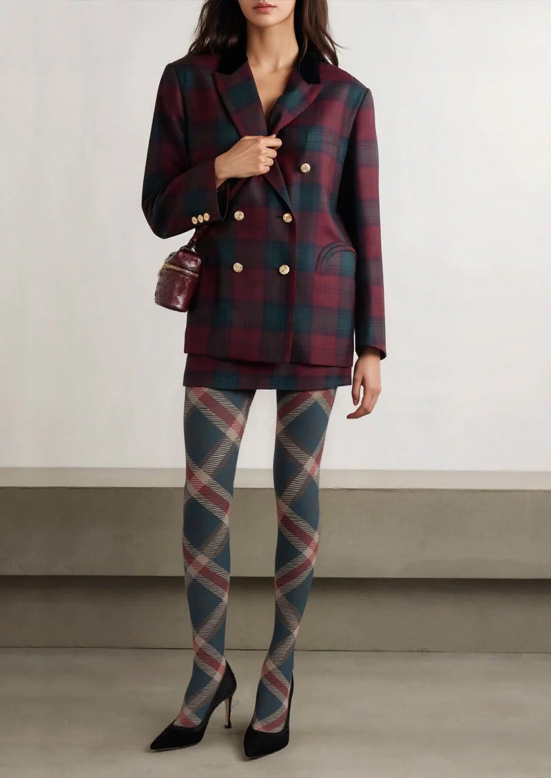 Viken Plan Deep Blue-khaki-red Striped Check Tights Hosiery Pantyhose