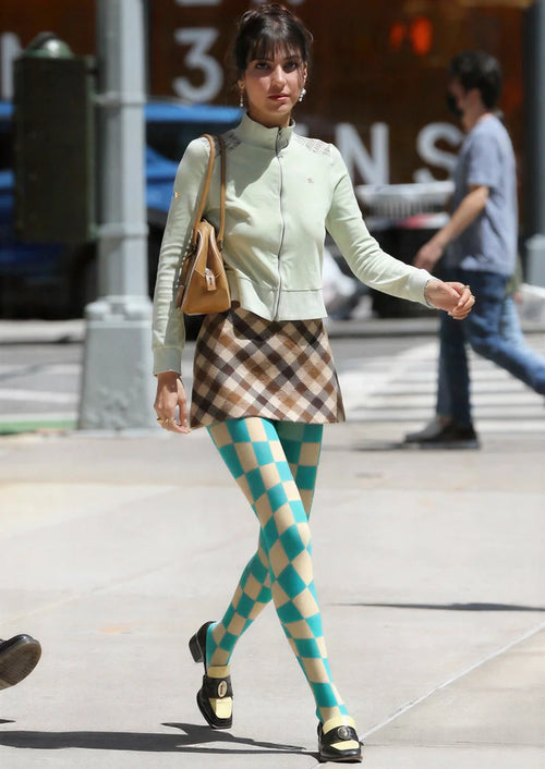 Viken Plan Aqua Green Checked Tights Hosiery Pantyhose