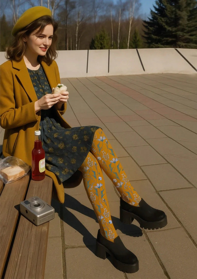 Viken Plan Earth yellow Dainty florals Tights Hosiery Pantyhose