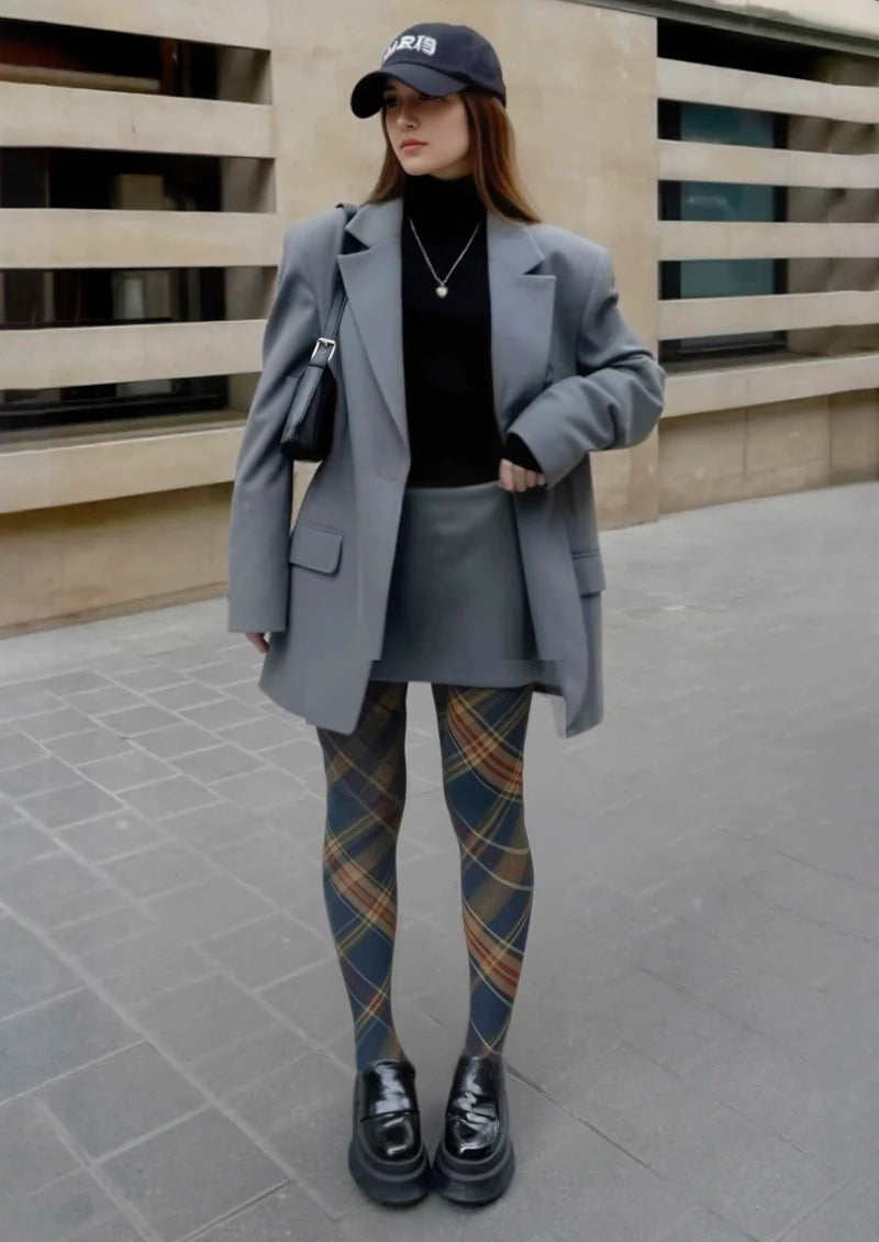 Viken Plan Blue-brown Check Plaid Tights Hosiery Pantyhose