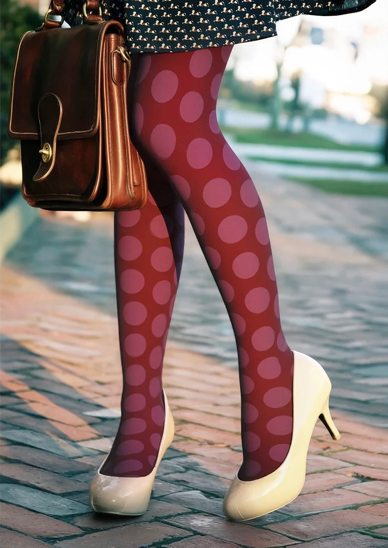 Viken Plan deep red Morandi polka dots Tights Hosiery Pantyhose