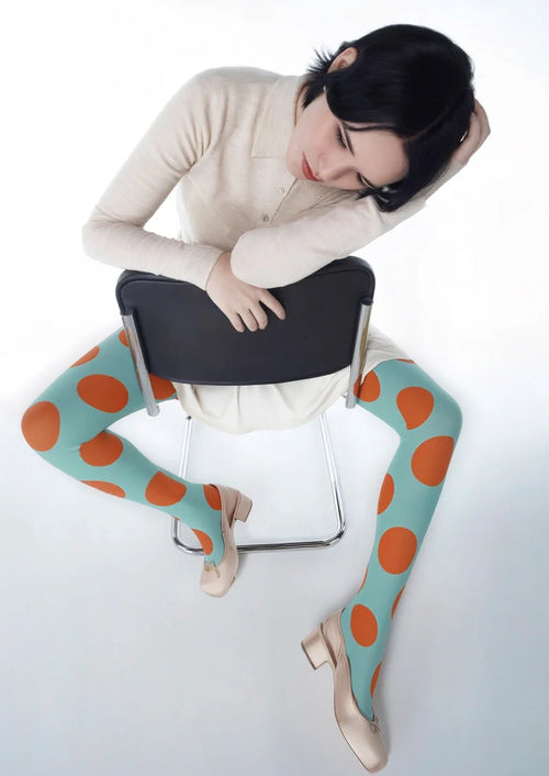 Viken Plan Aqua Blue & Orange Polka Dots Tights Hosiery Pantyhose