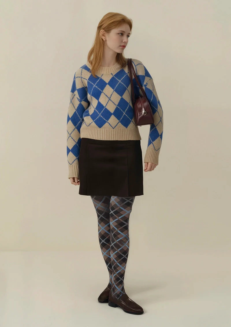 Viken Plan Brown Blue Check College Tights Hosiery Pantyhose