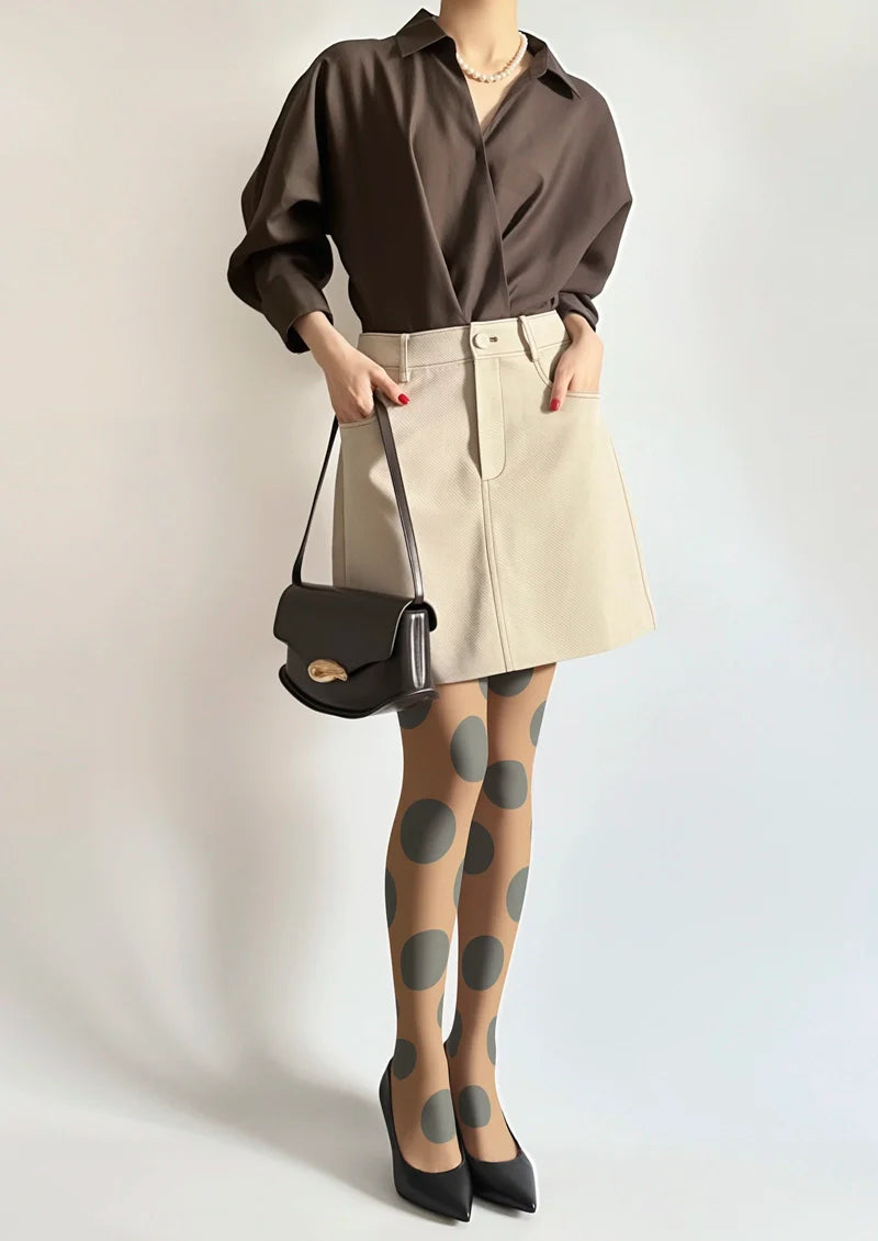 Viken Plan Brown-Olive green Morandi  polka dots Memory Tights Hosiery Pantyhose