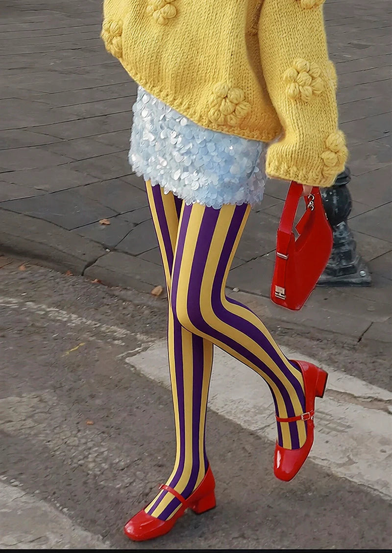 Viken Plan Mineral Yellow & Purple Stripes Tights Hosiery Pantyhose