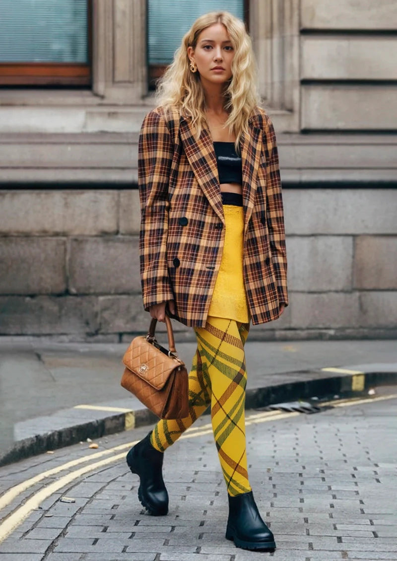 Viken Plan Yellow Striped Check Tights Hosiery Pantyhose