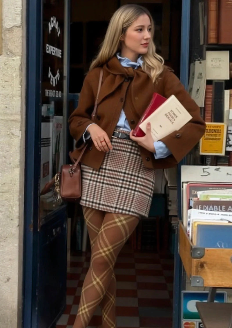 Viken Plan Van Dyke Brown Maillard  Check Tights Hosiery Pantyhose