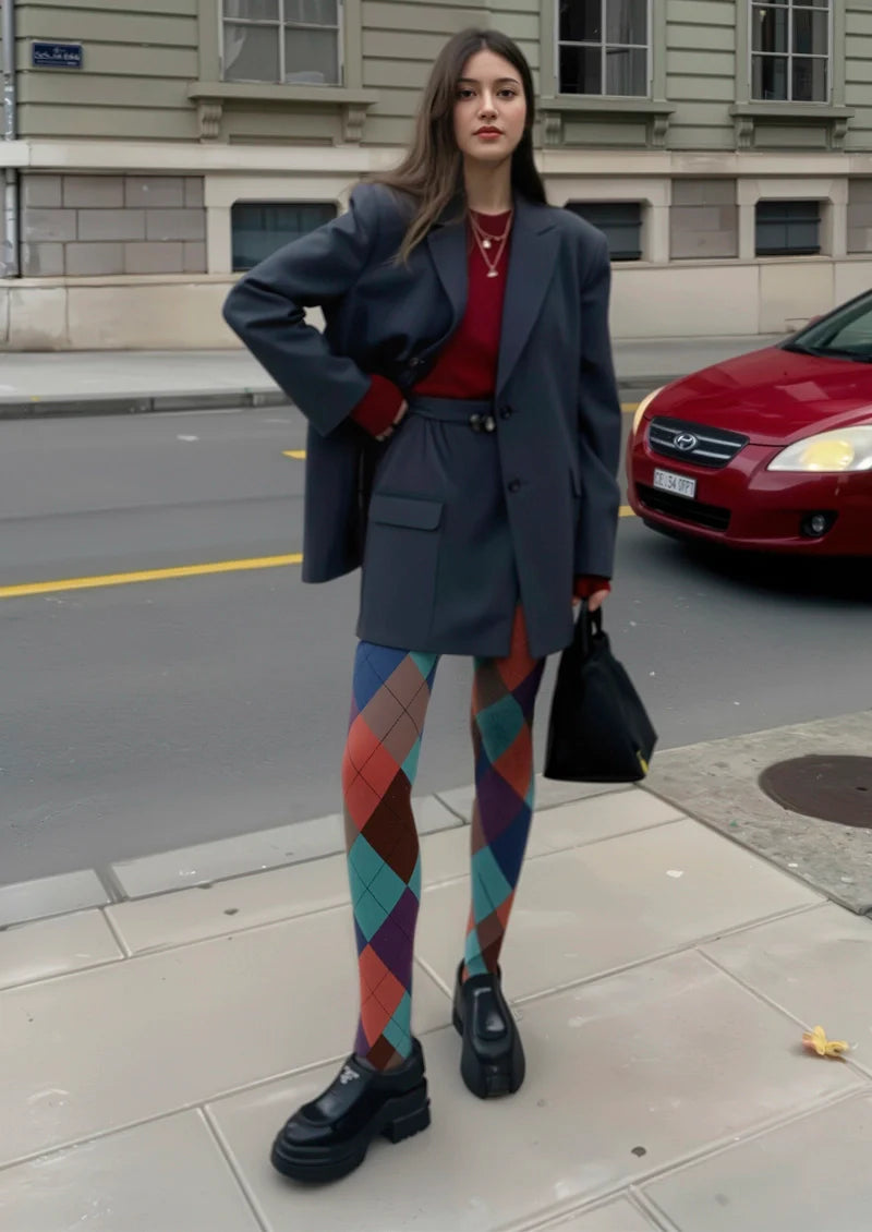 Viken Plan Deep Color Plaid Tights Hosiery Pantyhose