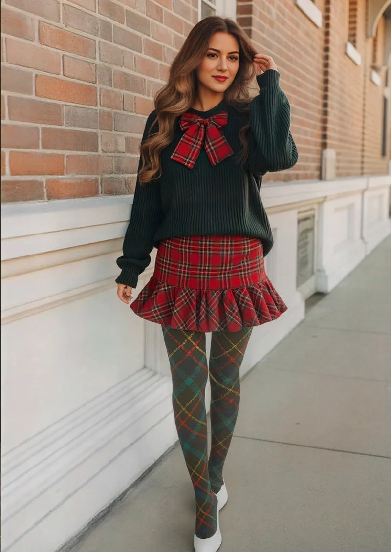 Viken Plan Christmas Dark green stripes Checked Tights Hosiery Pantyhose