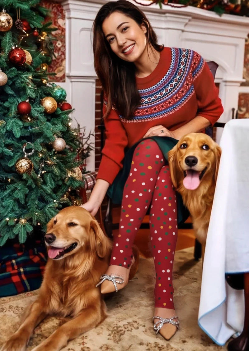 Viken Plan Christmas Red polka dots Tights Hosiery Pantyhose