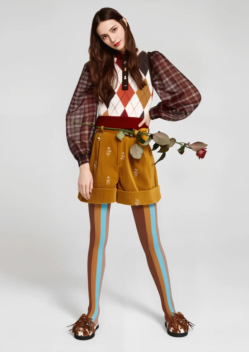 Viken Plan Brown Blue Striped Tights Hosiery Pantyhose