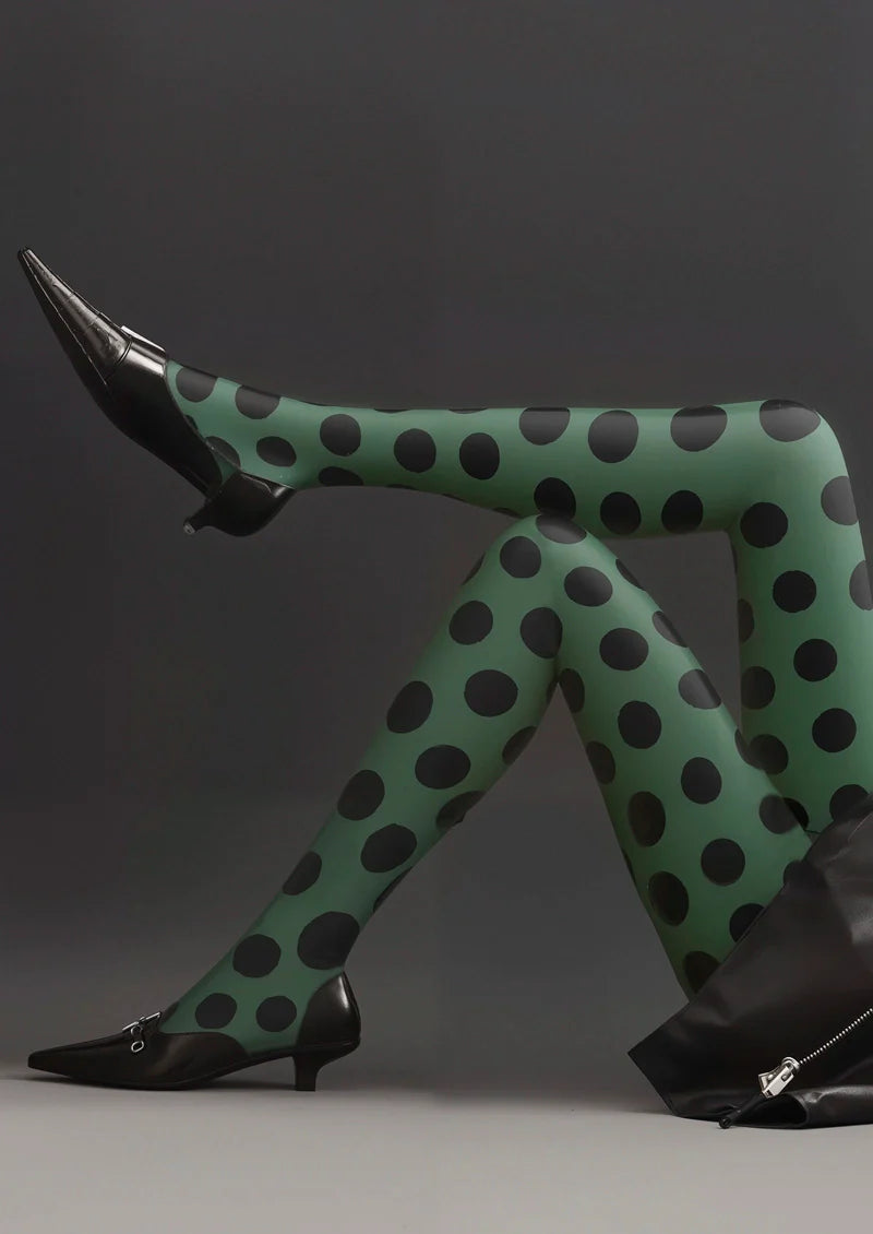 Viken PlanGreen & Black Polka Dots Tights Hosiery Pantyhose