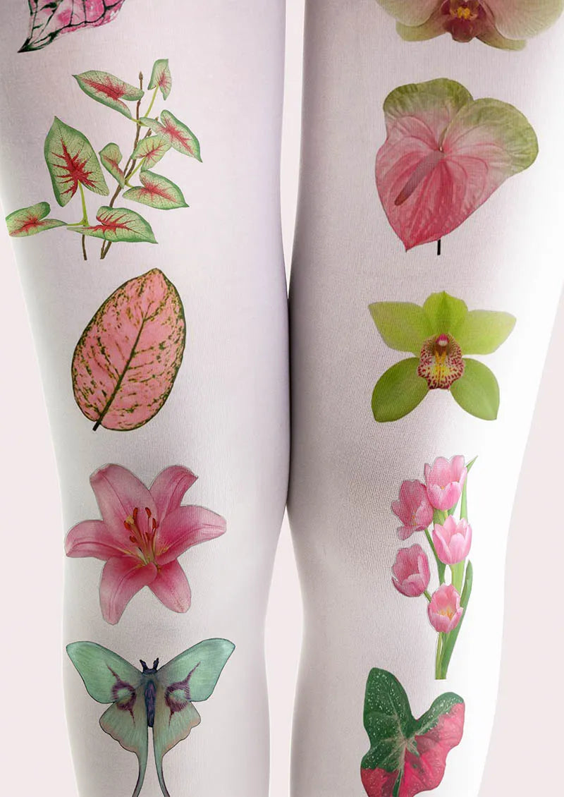 Viken Plan White Botanical Collage Y2K Style Tights Hosiery Pantyhose