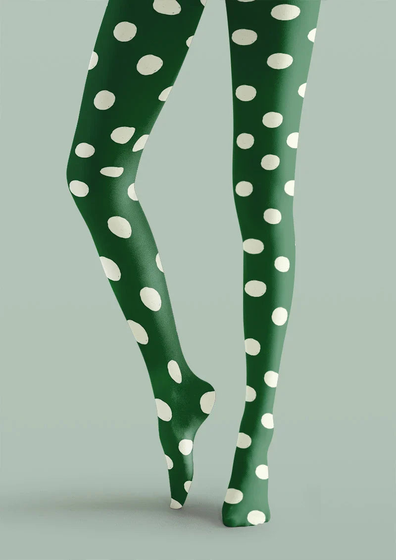 Viken Plan Green White Polka Dot Tights Hosiery Pantyhose