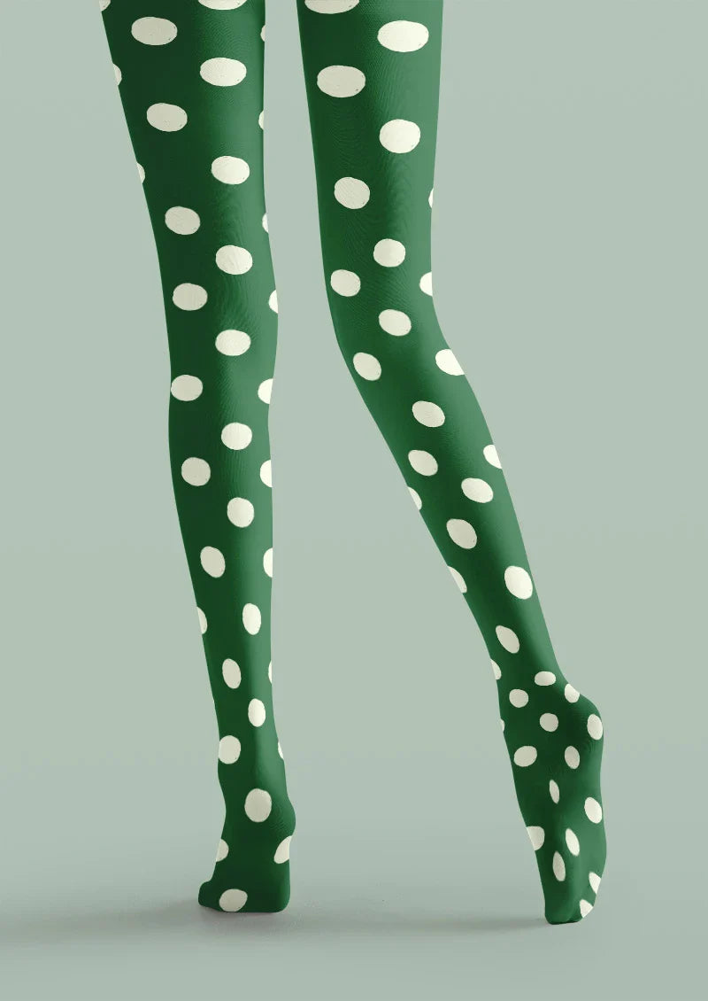 Viken Plan Green White Polka Dot Tights Hosiery Pantyhose