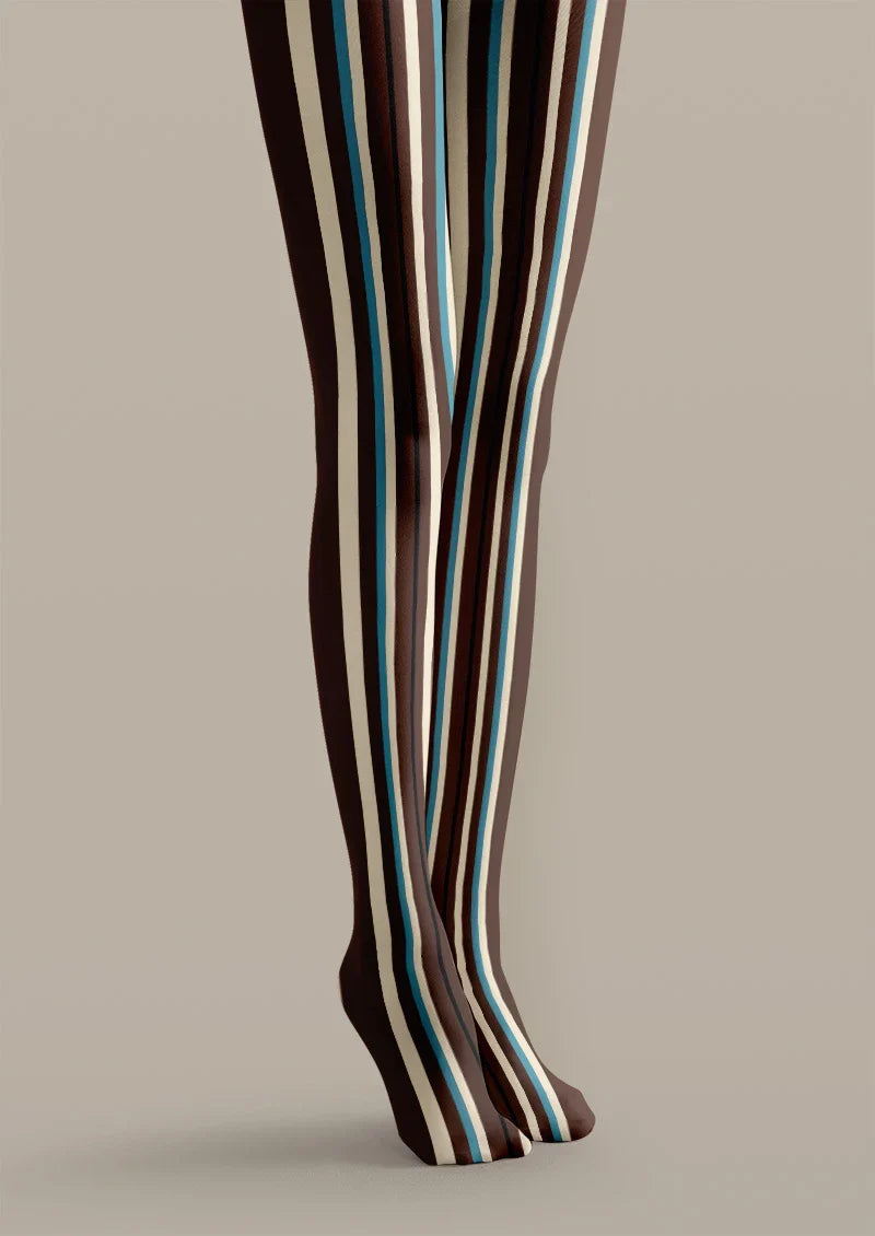 Viken Plan Brown & Blue Vertical Stripe Tights Hosiery Pantyhose