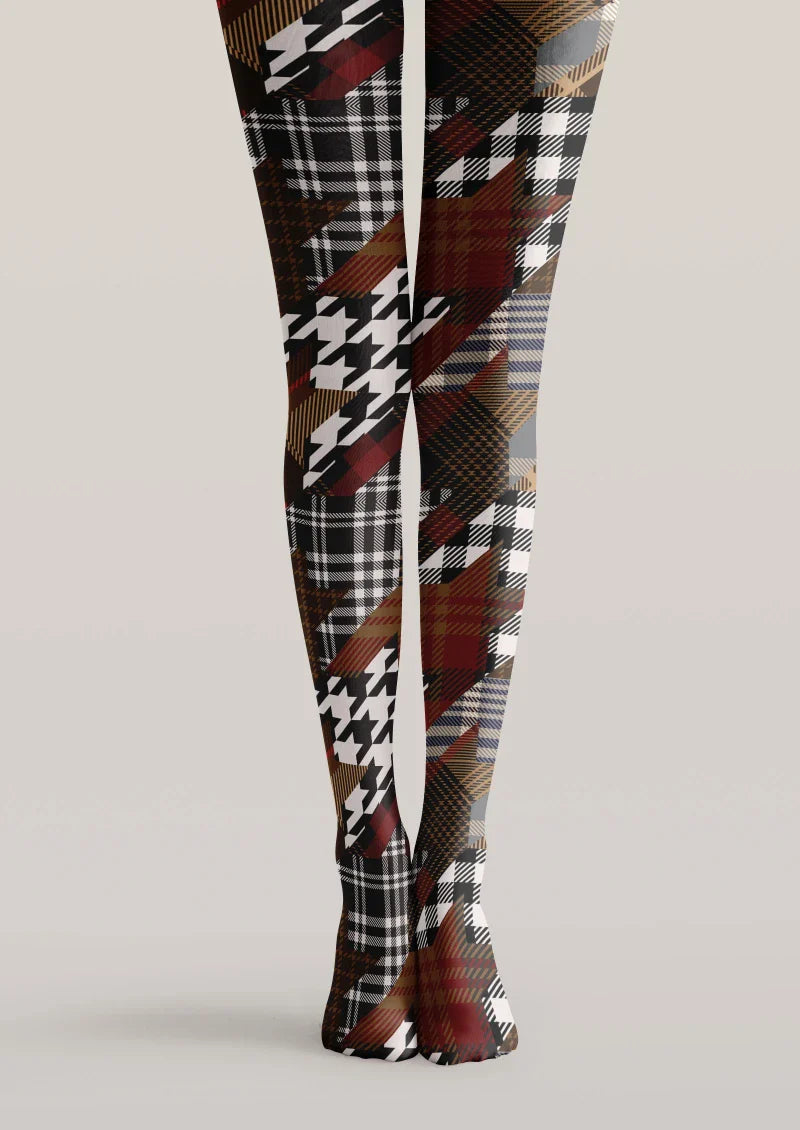 Viken Plan Brown Houndstooth Plaid Mix Tights Hosiery Pantyhose