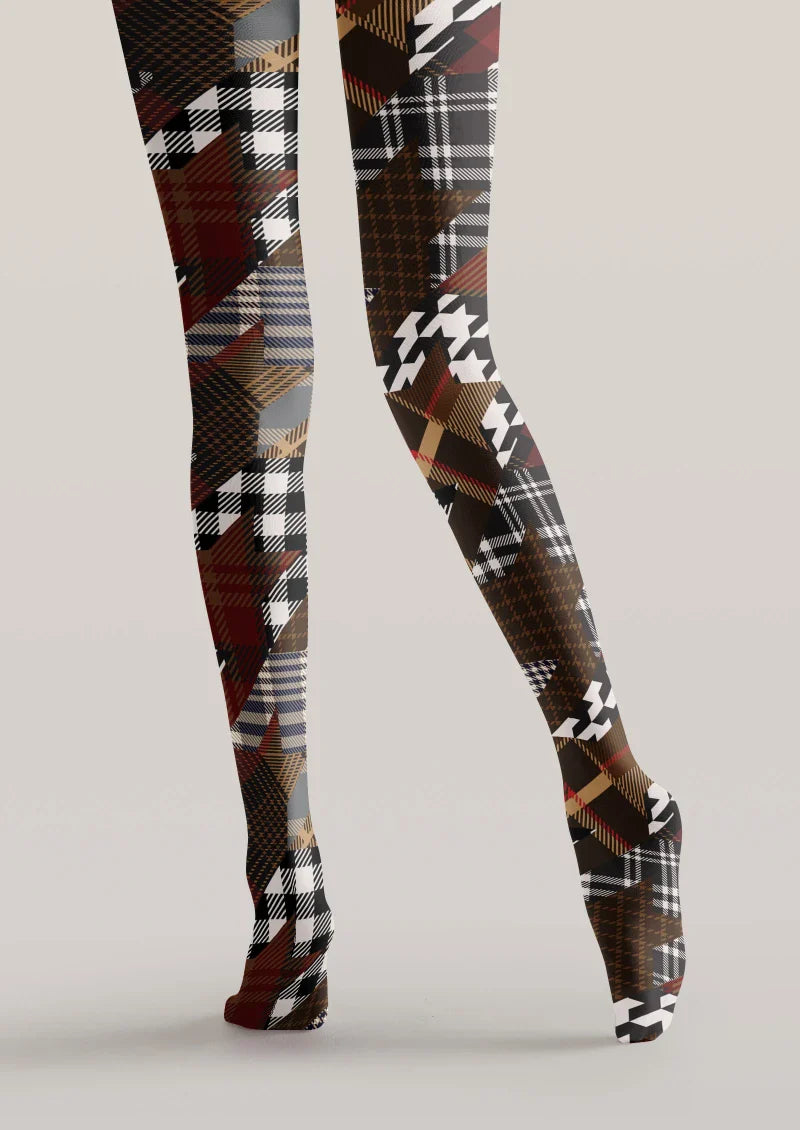 Viken Plan Brown Houndstooth Plaid Mix Tights Hosiery Pantyhose