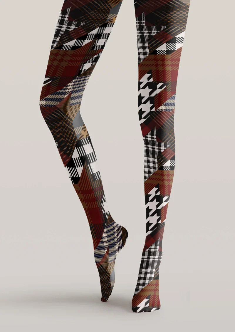 Viken Plan Brown Houndstooth Plaid Mix Tights Hosiery Pantyhose