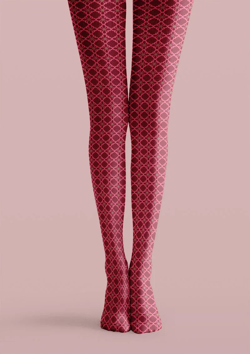 Viken Plan Crimson Quatrefoil Pattern Tights Hosiery Pantyhose