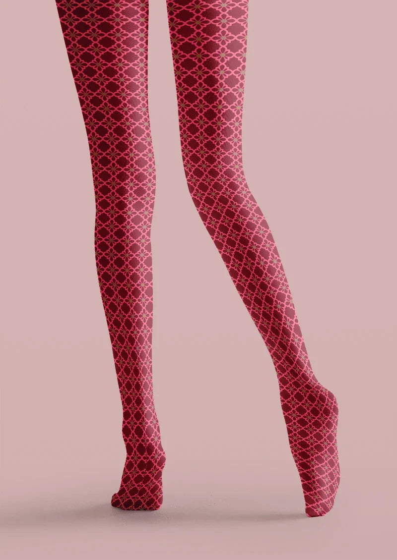 Viken Plan Crimson Quatrefoil Pattern Tights Hosiery Pantyhose