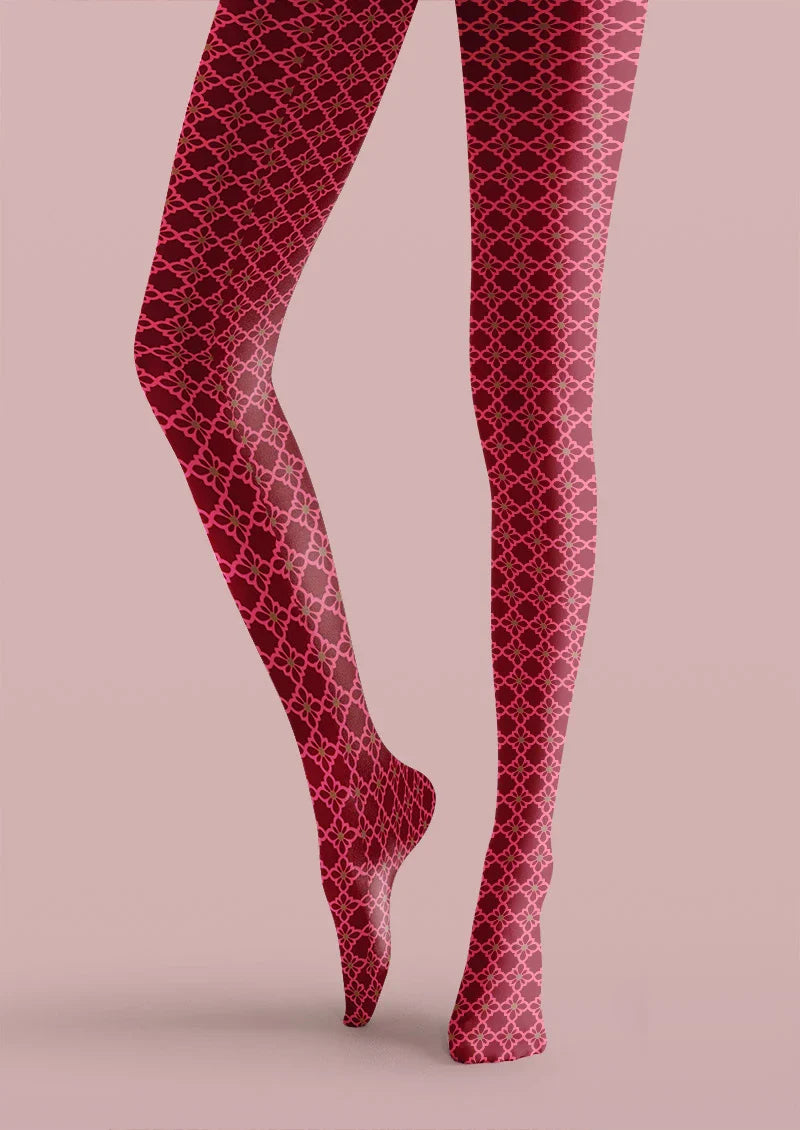 Viken Plan Crimson Quatrefoil Pattern Tights Hosiery Pantyhose