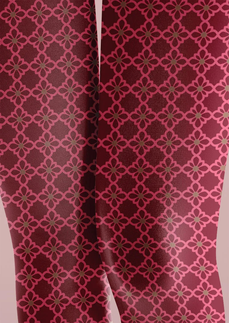 Viken Plan Crimson Quatrefoil Pattern Tights Hosiery Pantyhose