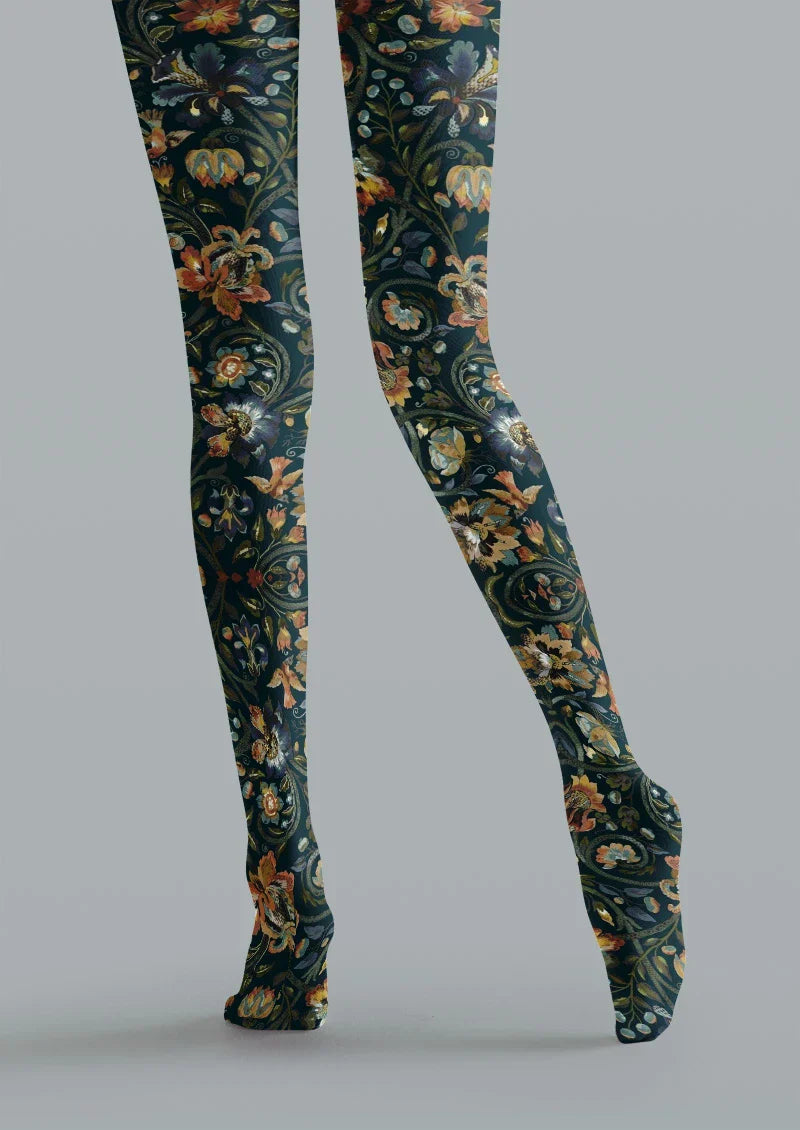 Viken Plan Boho Ethnic Floral Blue Tights Hosiery Pantyhose