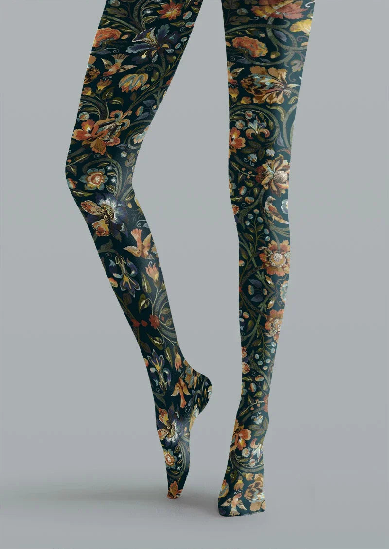 Viken Plan Boho Ethnic Floral Blue Tights Hosiery Pantyhose
