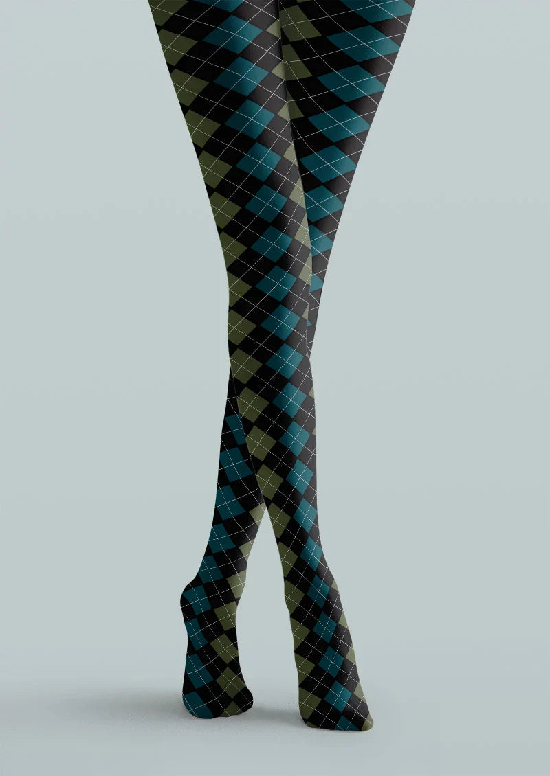 Viken Plan Blue Green Argyle Gradient Tights Hosiery Pantyhose