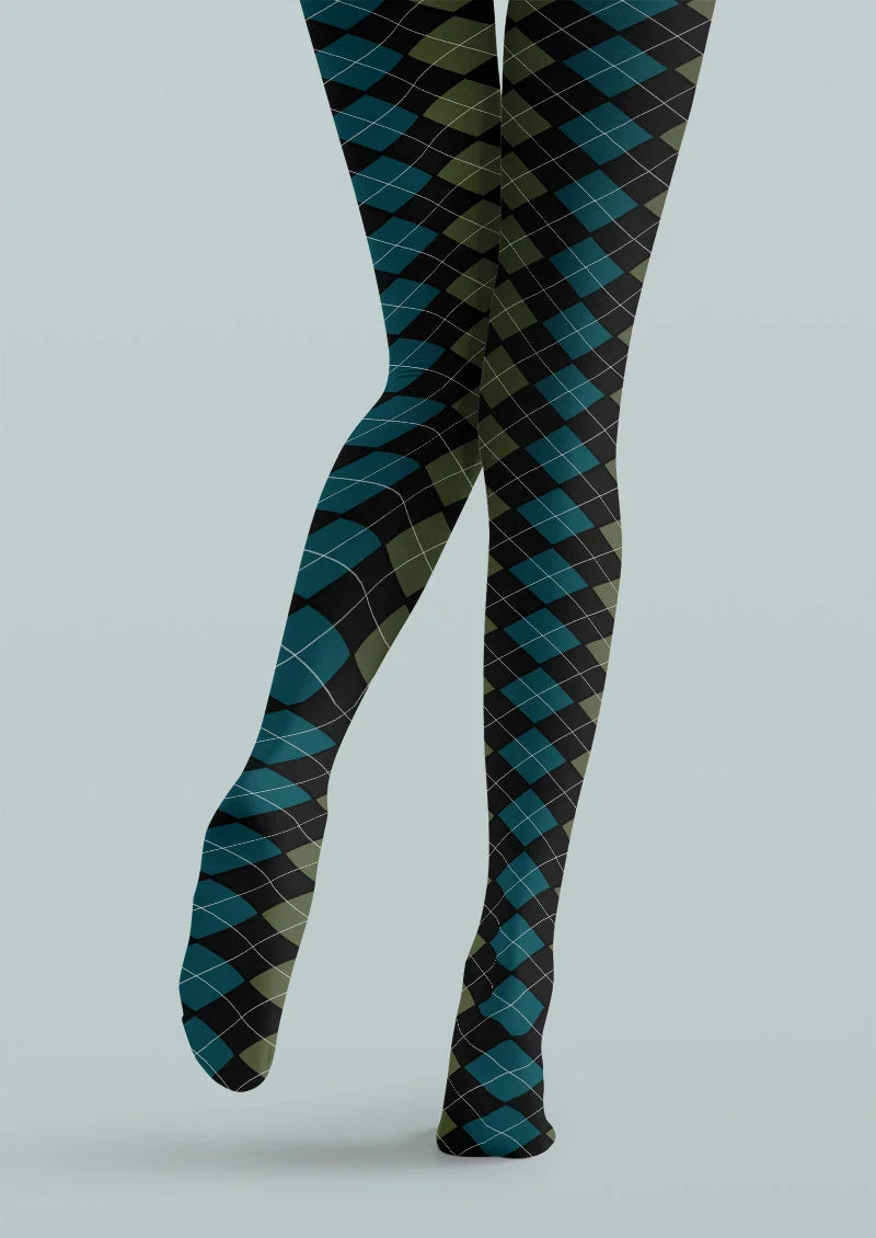 Viken Plan Blue Green Argyle Gradient Tights Hosiery Pantyhose