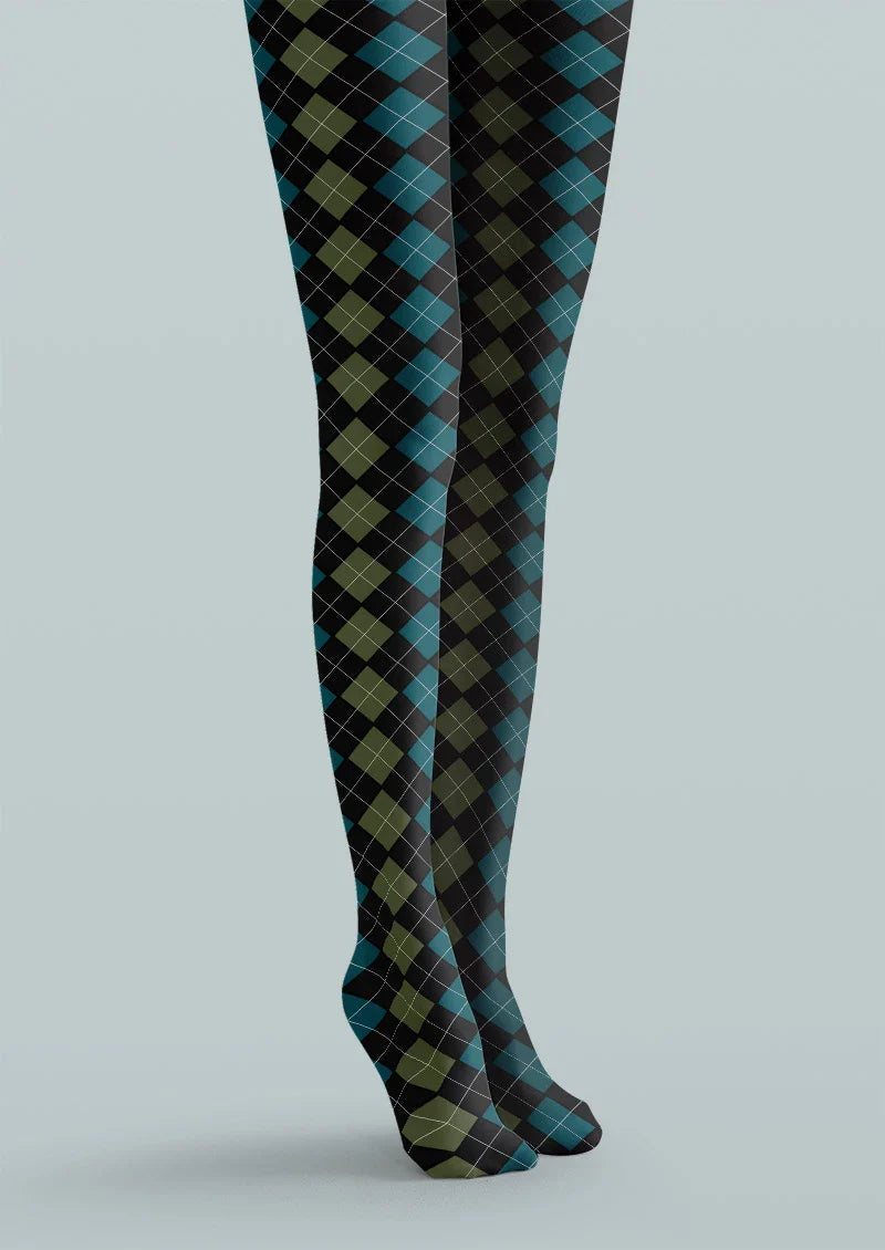 Viken Plan Blue Green Argyle Gradient Tights Hosiery Pantyhose
