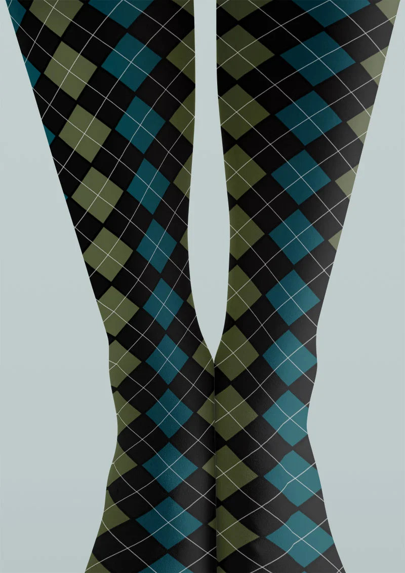 Viken Plan Blue Green Argyle Gradient Tights Hosiery Pantyhose
