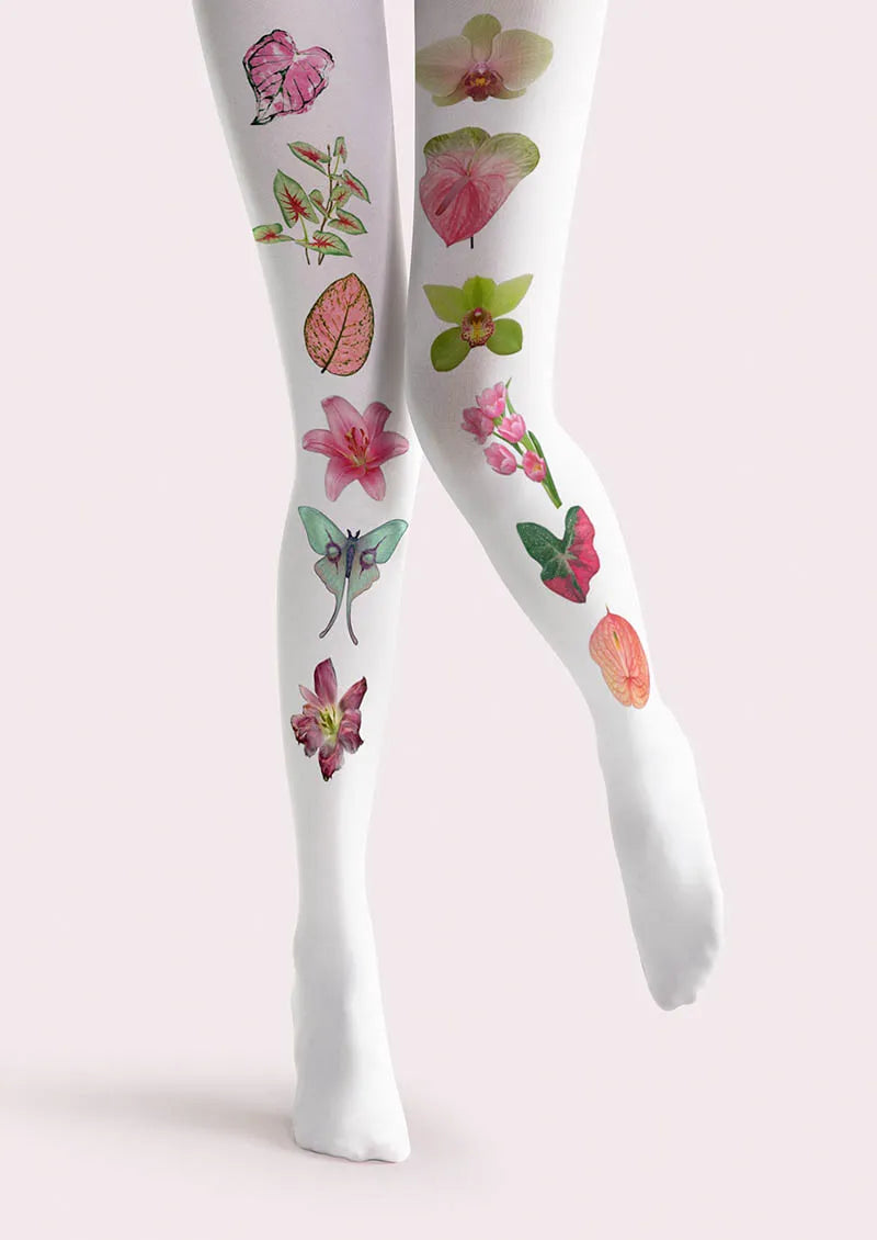 Viken Plan White Botanical Collage Y2K Style Tights Hosiery Pantyhose