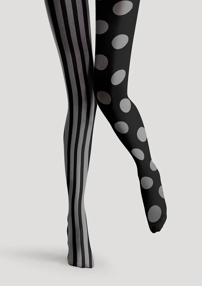 Viken Plan Black-Grey Stripe Dot Tights Hosiery Pantyhose