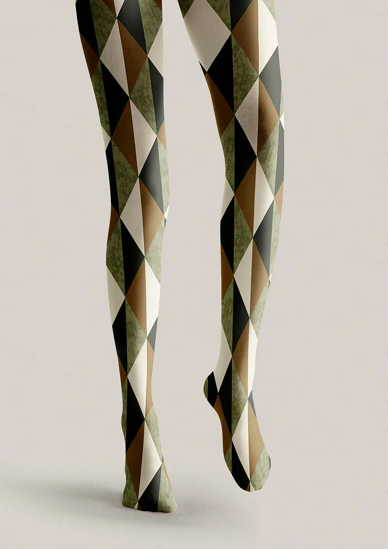 Viken Plan Olive Harlequin Patterned Tights Hosiery Pantyhose
