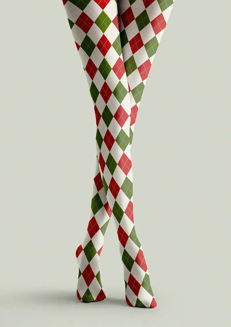 Viken Plan Christmas Holly Jolly Grid Patterned Tights Hosiery Pantyhose